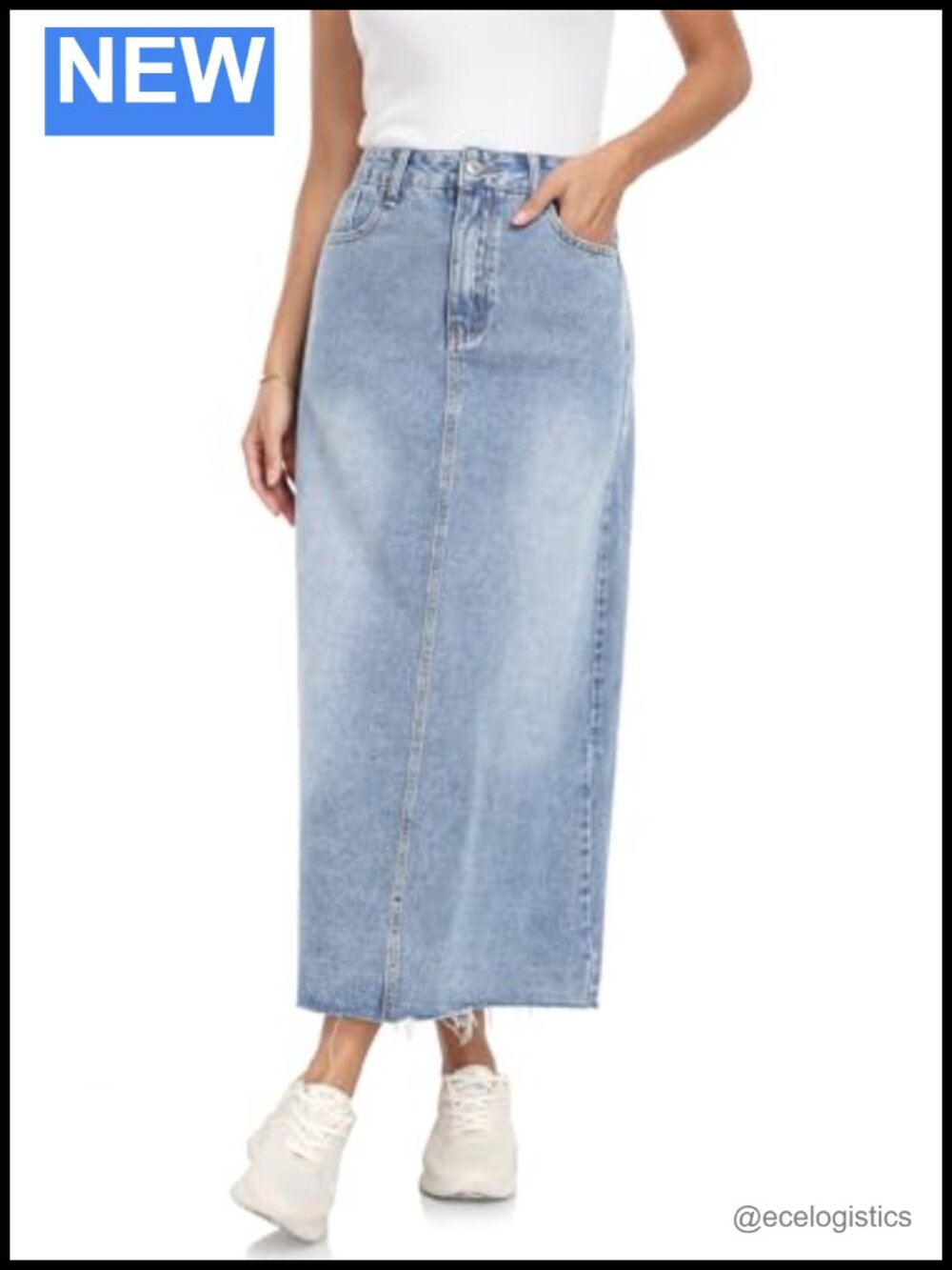 High Waisted Midi Denim Skirt with Pockets Raw Hem A-Line Stretch